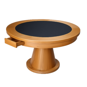 Mesa Atlas Dupla Face com pé cone, mesa de carteado e tabuleiro integrada, acabamento imbuia, com gavetas laterais.