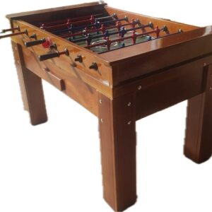 Mesa de pebolim oficial em madeira maciça com quatro pés, acabamento premium e jogadores profissionais