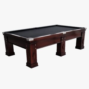 Mesa de sinuca com gaveta e 6 pés em madeira maciça, base de pedra ardósia, modelo reforçado da Bilhares Mercedes.